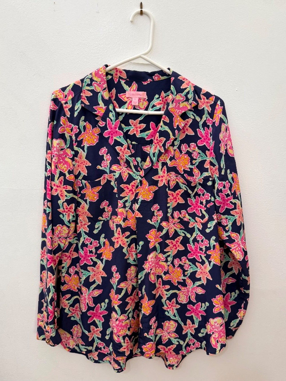Silk Lilly Pulitzer Boston Blouse, SZ Large, Blue, Cobalt Blue, Yellow and Pink